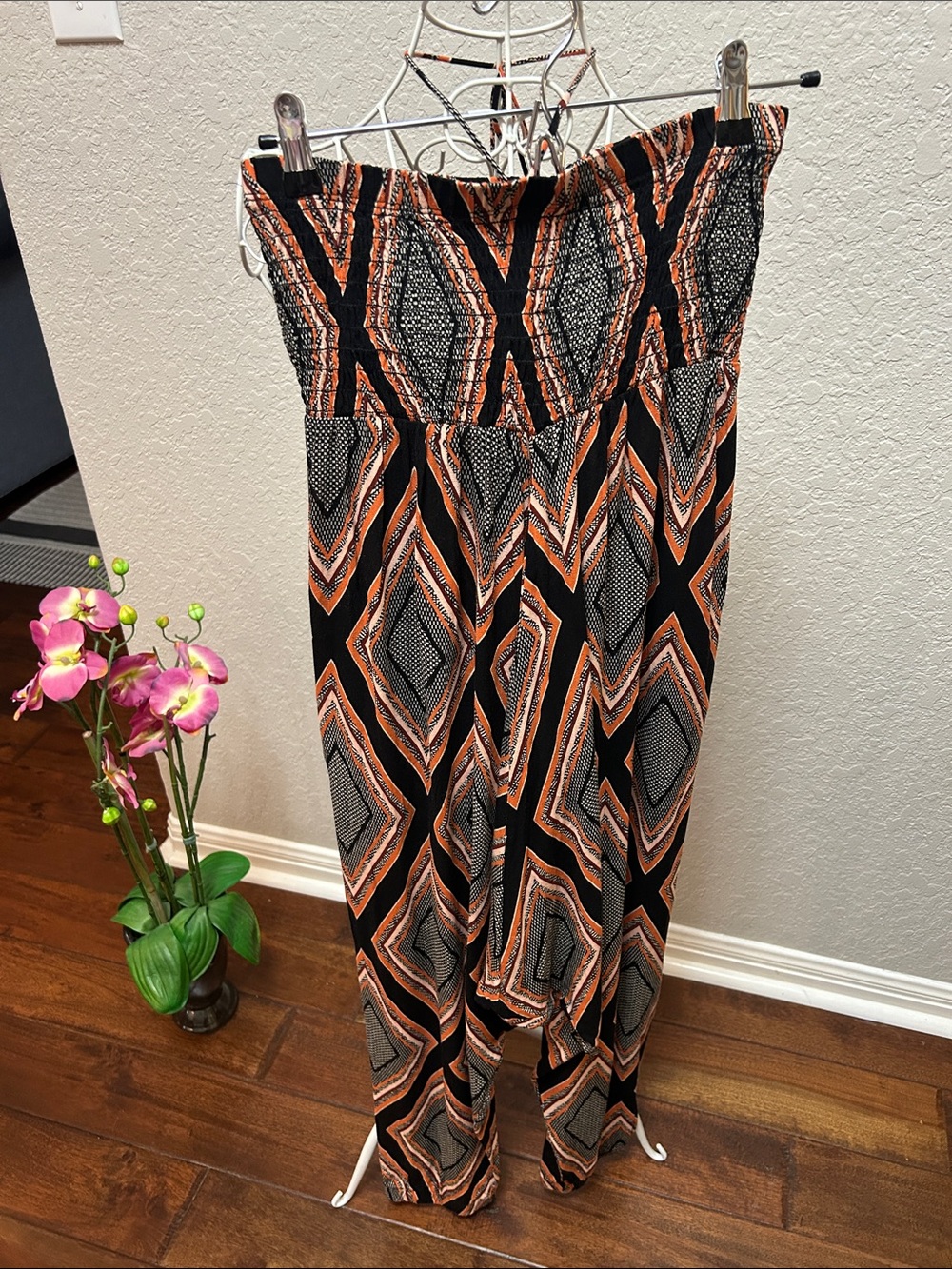 Strapless Printed Jumpsuit in Black & Orange/ Harlem pant style by Antropologie